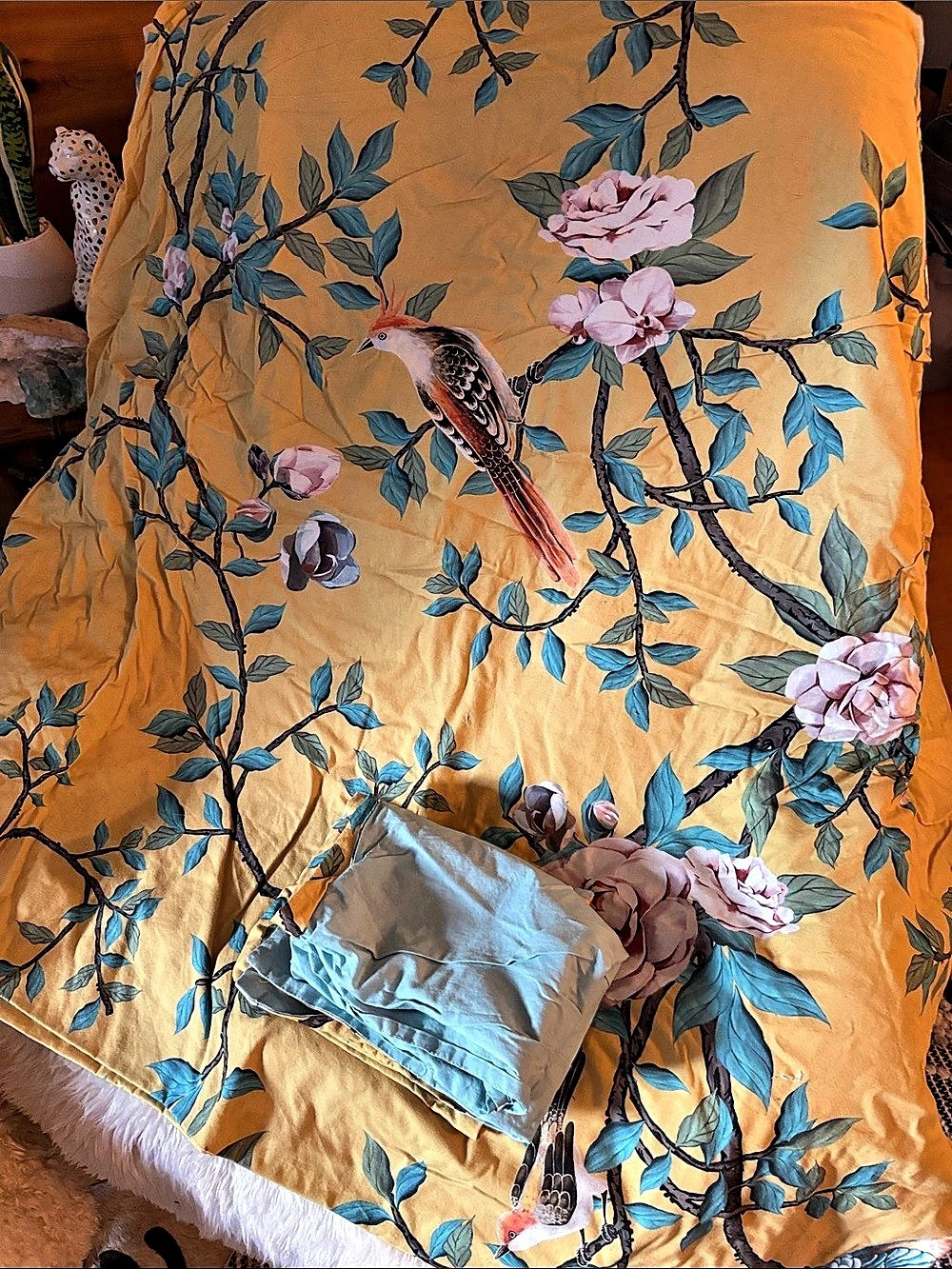 Yellow and Blue Floral Bird Blossom Queen Duvet Cover Cover and shams